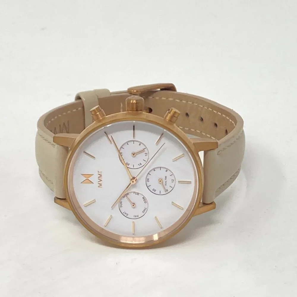 MVMT Nova Luna Women Watch 37mm Rose Gold Tone Dual Time Day Leather New Battery